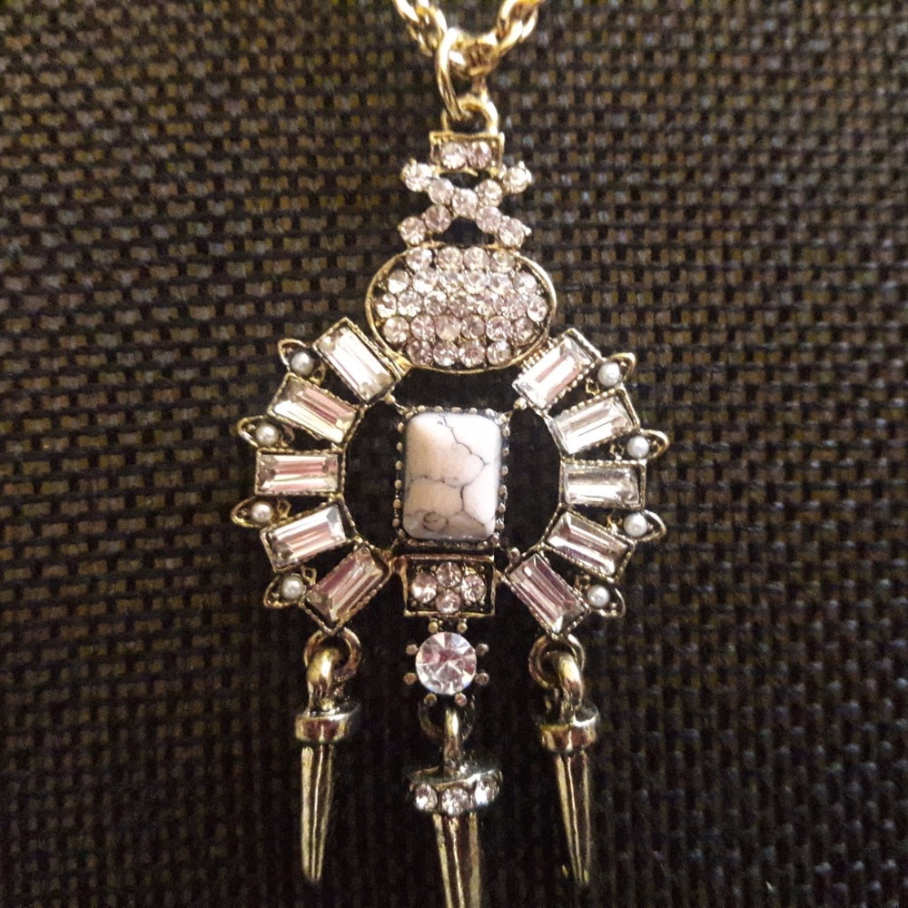 Unique Long Gold Tone Rhinestone Necklace